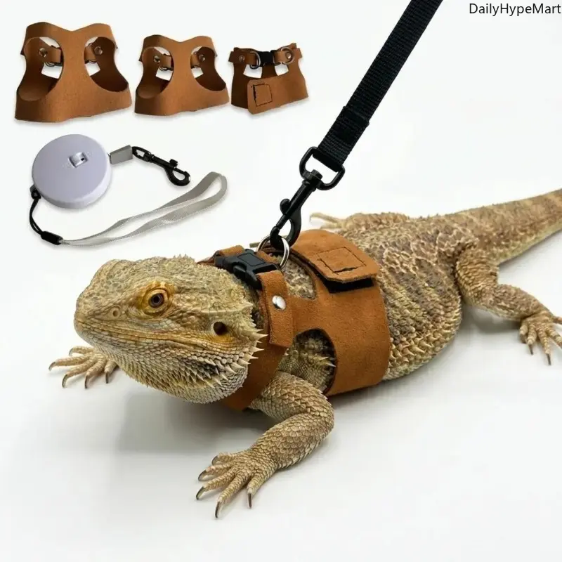 Soft Leather Harness and Leash Set, 3-Pack with 3 Adjustable Sizes (S/M/L) for Bearded Dragons, Lizards, and Small Animal Pets