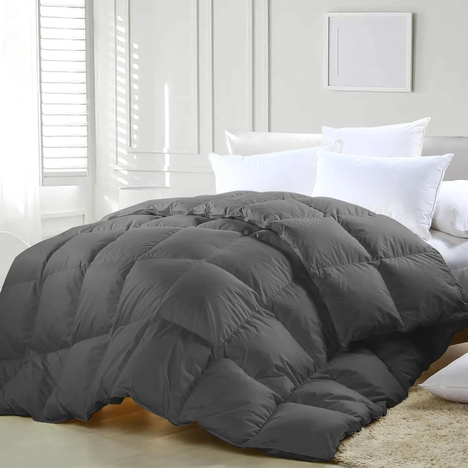 Grey Lightweight Feather Down Comforter, All Season Warm Queen Size 90''x90'' Duvet Insert, Durable Breathable Cotton-Blended Down Proof Shell with Corner Tabs