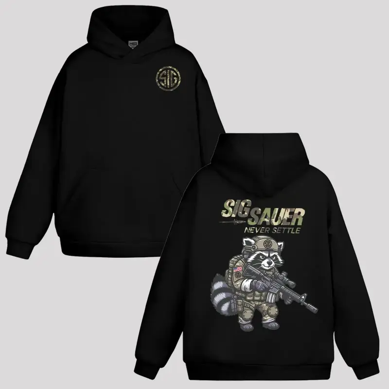 Graphic Hoodie Raccoon Sig Sauer "Never Settle" Camo Hoodie Sweatshirt, Sig Sauer Tactical Graphic Hoodie, Vintage Military Style Streetwear, Gun Enthusiast Apparel, Unisex Hoodie for Men Women, Casual Outdoor Sweatshirt