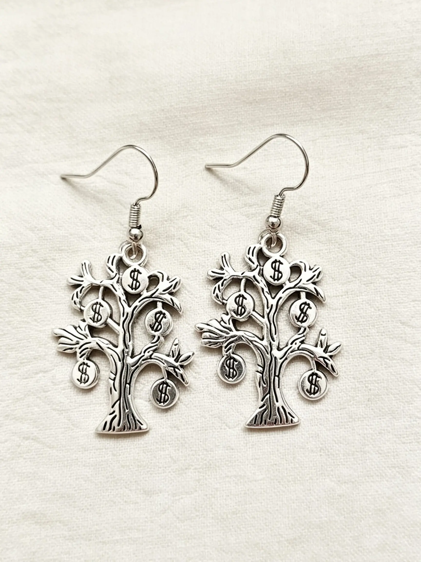 Vintage Silver Color Money Tree Hook Earrings, Dollar Symbol Coin Design, Unique Hip Hop Lucky Accessory, All Seasons Street Style
