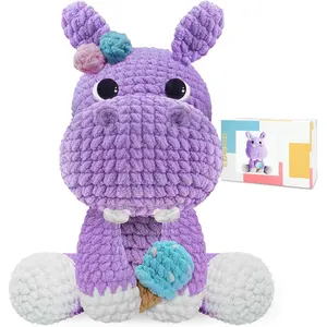 Crochet Kit for Beginners,11.8in Crochet  Kit Hippo,Crochet Starter Kit  for Adults with Yarn Sets,Amigurumi Crochet Kit with Step-by-Step Video Tutorials