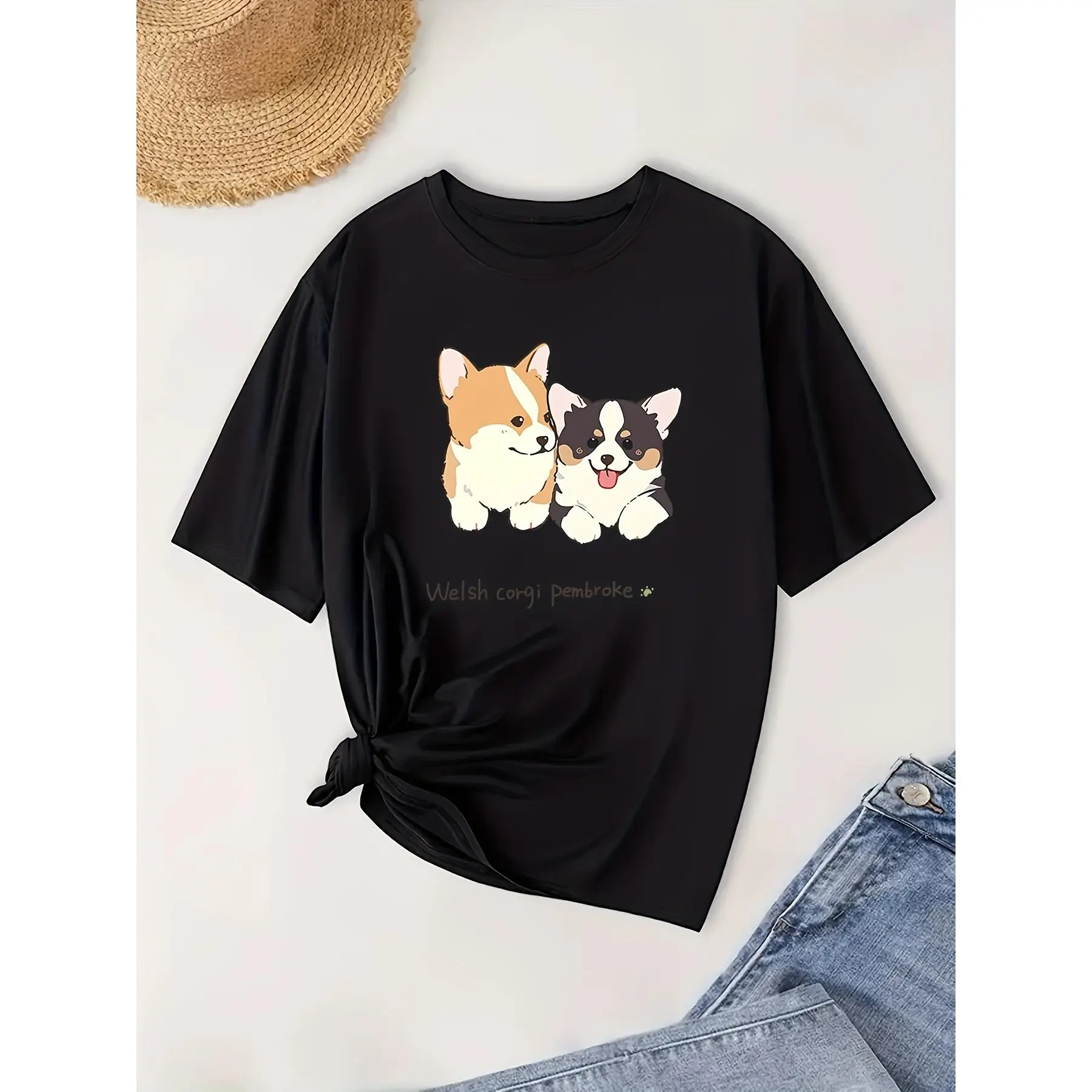 Cute Corgi Printed Short-sleeved T-shirt, Solid Co unisex soft cotton short sleeve t shirt, vintage graphic casual tee for men women teens, perfect birthday holiday gift for camping travel gym daily street casual wear