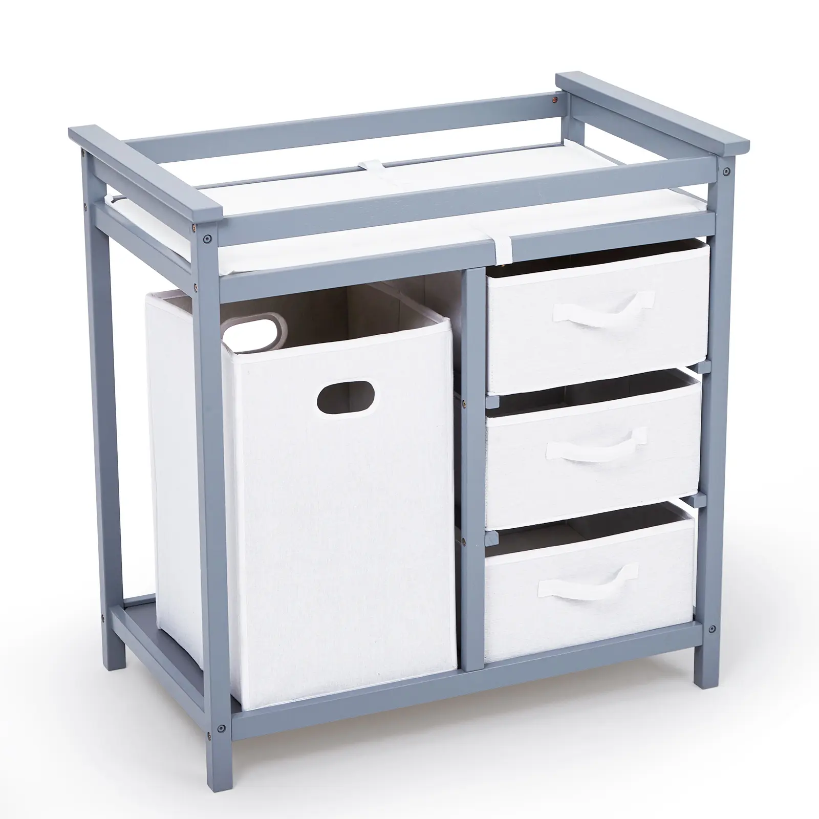 Modern Wooden Baby Changing Table Dresser – 3 Storage Drawers, Laundry Hamper, Safety Belt, Changing Pad, Nursery Diaper Station Organizer