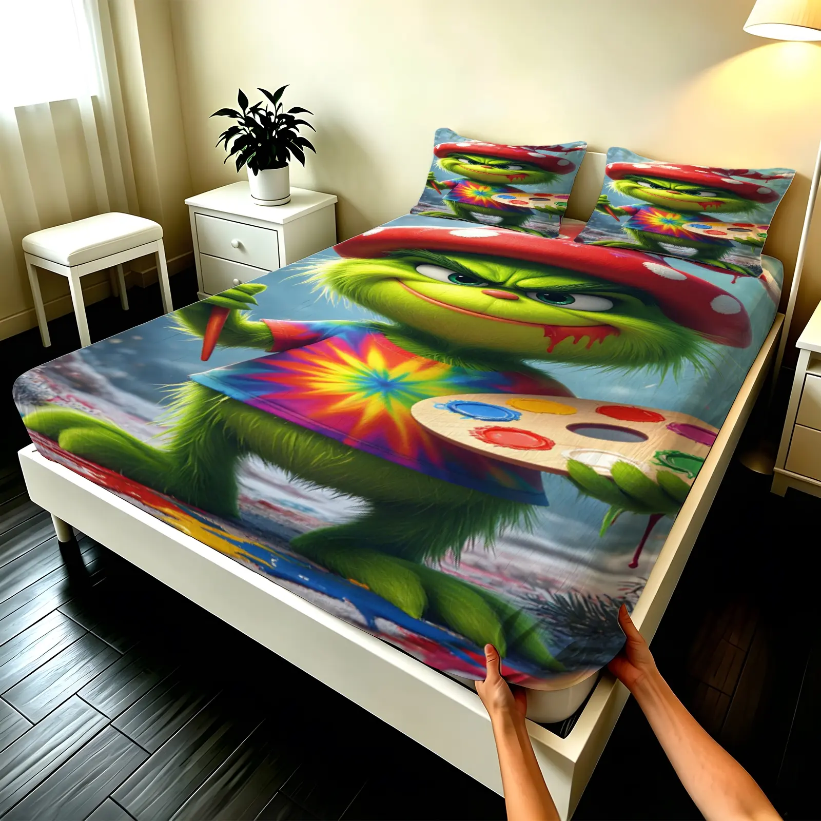 3pcs Fitted sheet Grinch Art Painting Pattern Soft Microfiber Bedding Set, Wrinkle Resistant Fade Proof Breathable Comfortable Bed Cover Set for Bedroom Home, Fit Twin Full Queen King Cal King Size