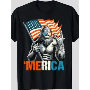 Men's Big & Tall Patriotic Gorilla Graphic T-Shirt - 'MERICA Print, 100% Cotton, Short Sleeve, Round Neck, Comfortable & Breathable For Summer,