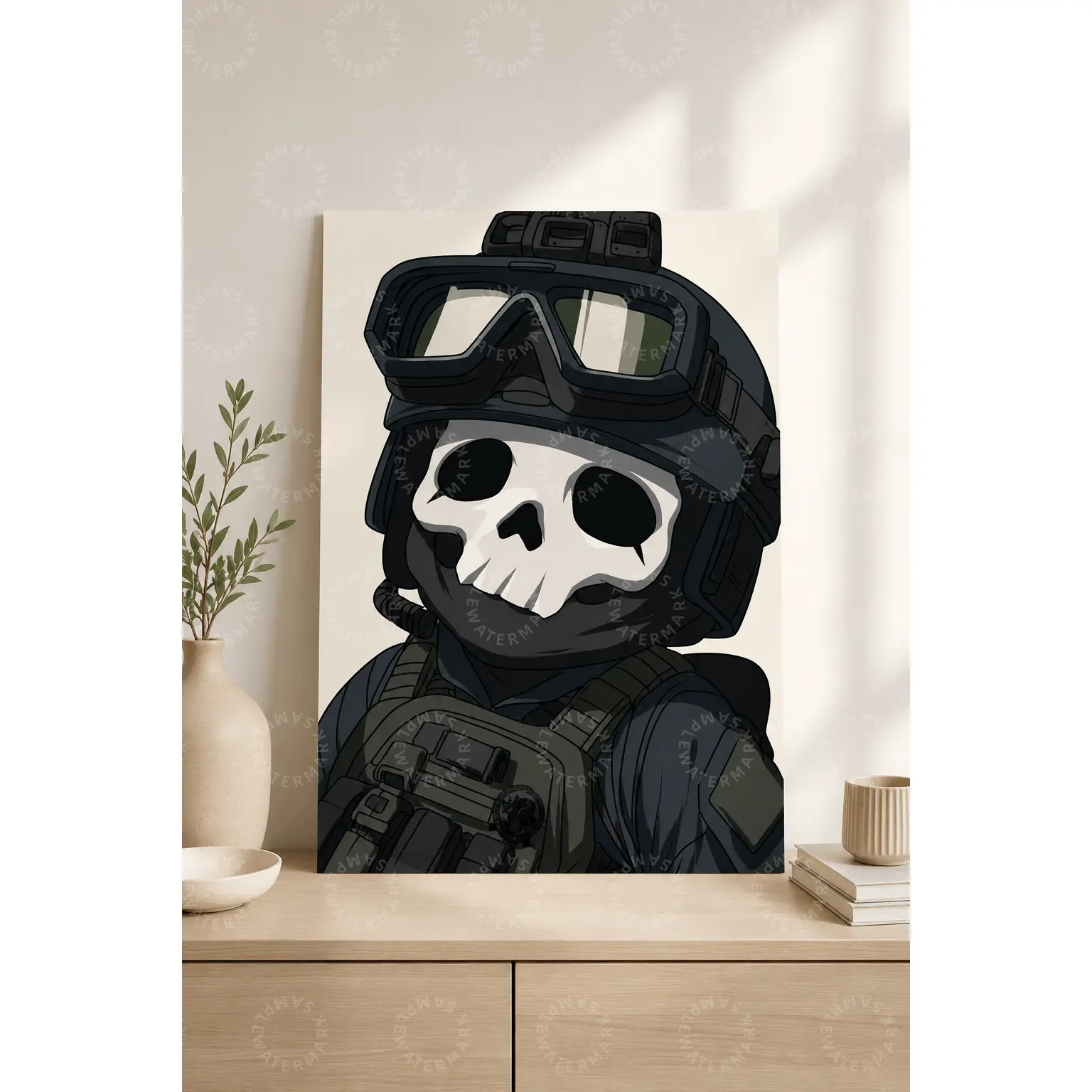 Cute Tactical Skull Character Canvas Wall Art, Black Helmet and Goggles Aesthetic Poster, Gaming Room Poster, Teen Bedroom Wall Decor, Office Wall Art, Dark Cartoon Decor, Gamer Gift