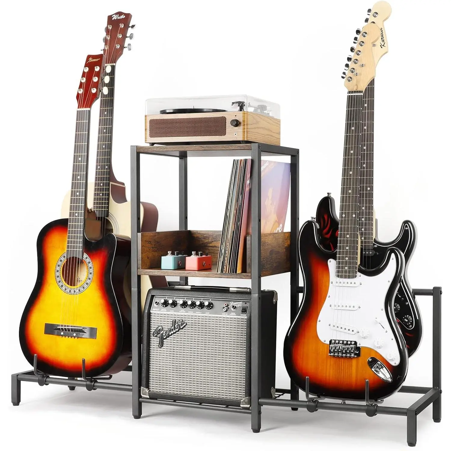 Guitar Stand for 4 Guitars - Acoustic, Electric, Bass & Ukulele Floor Rack with 2  Shelves for Amp Holder, Vinyl Records & Media Storage - Adjustable Multi Guitar Display Stand for  Studio  ()