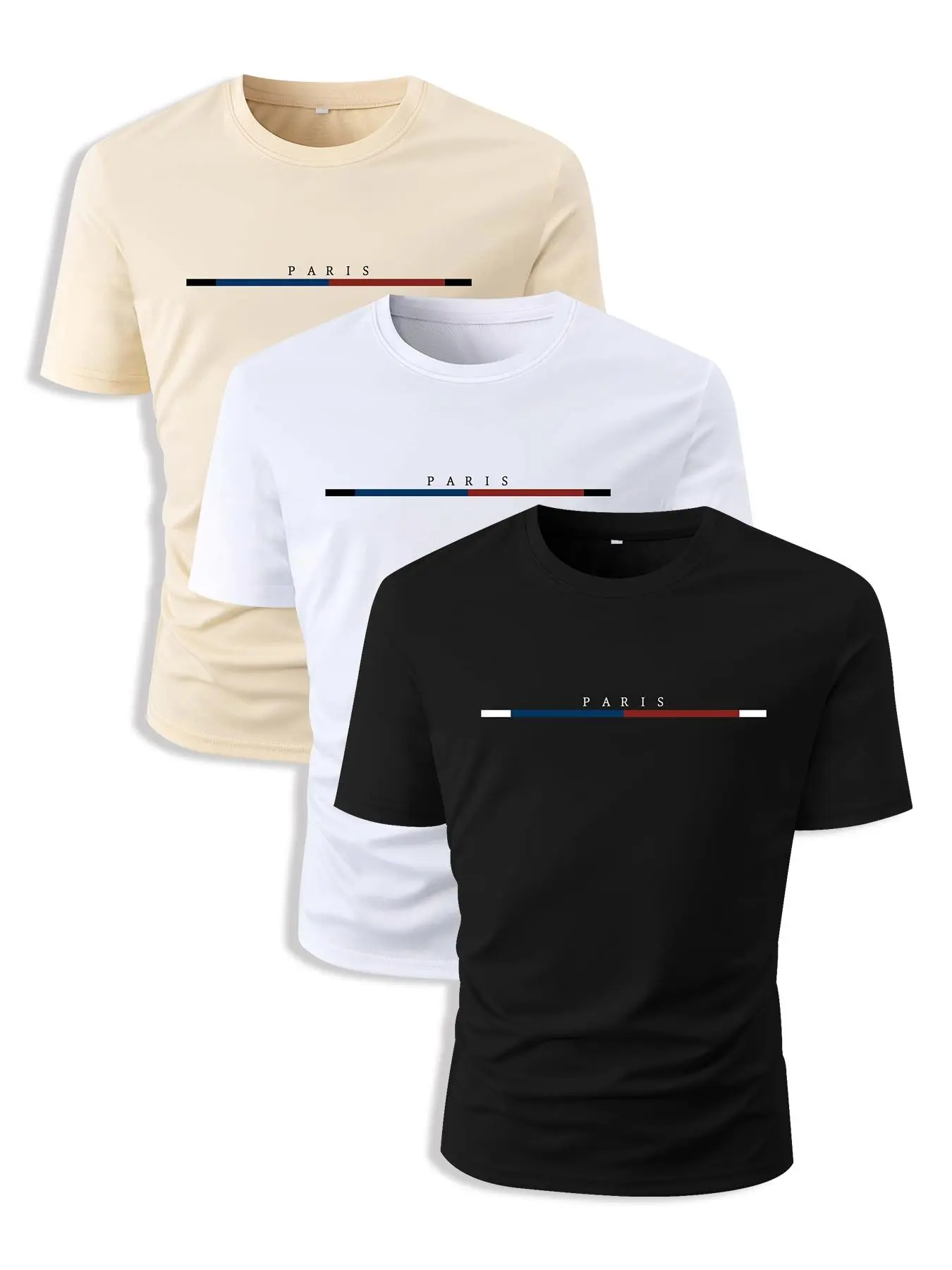 Men's 3-Pack Crew Neck Short-Sleeve T-Shirts with Paris France Flag Tricolor Stripes & Letter Prints, Casual Basic Layering Tops for Daily Street Style, Multi-Color Combo Set