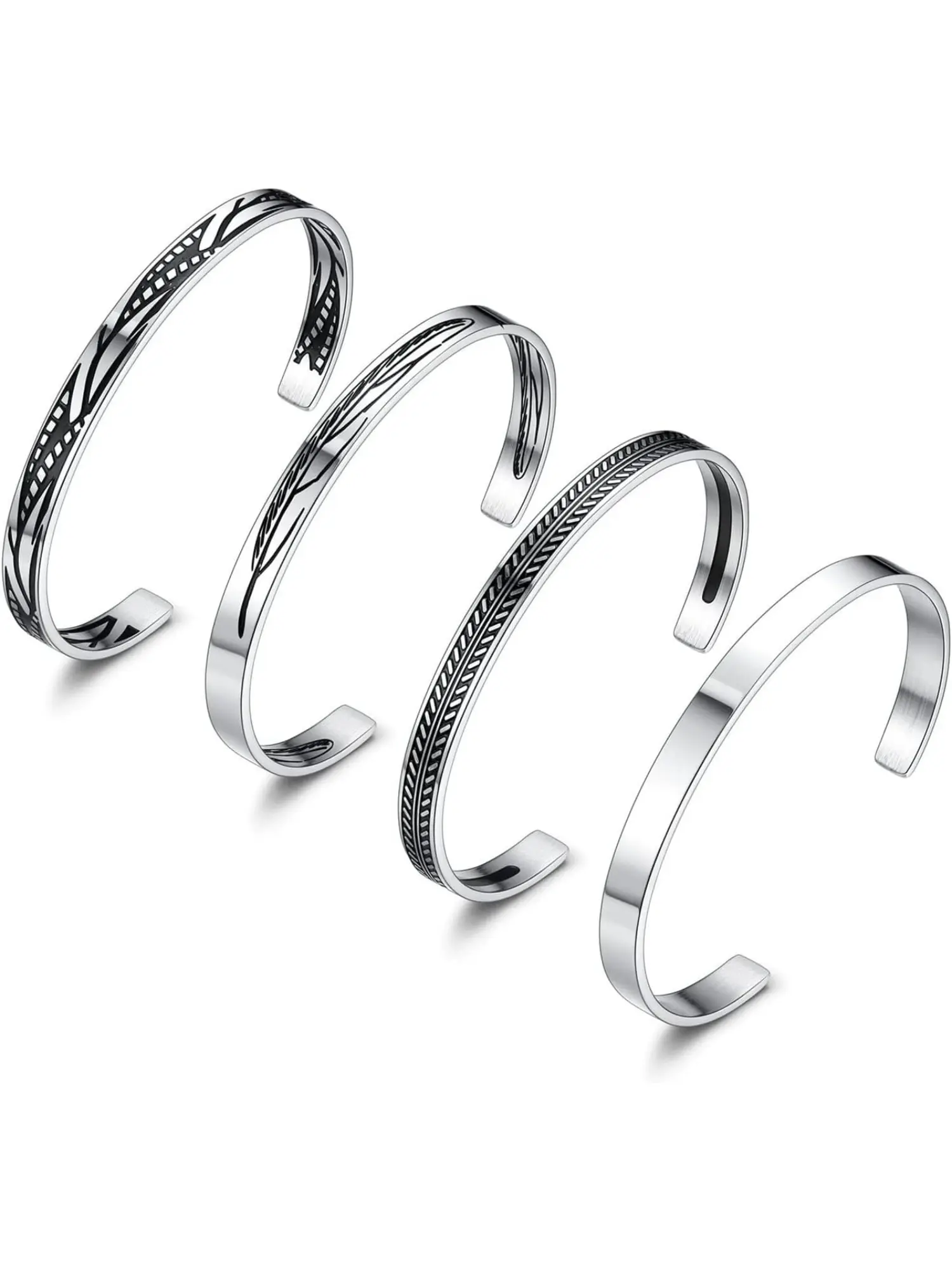 4Pcs Mens Stainless Steel Open Cuff Bracelet Bundle, Silver Tone Twisted & Leaf Pattern Dainty Vintage Stacking Bangle Jewelry For Women Men