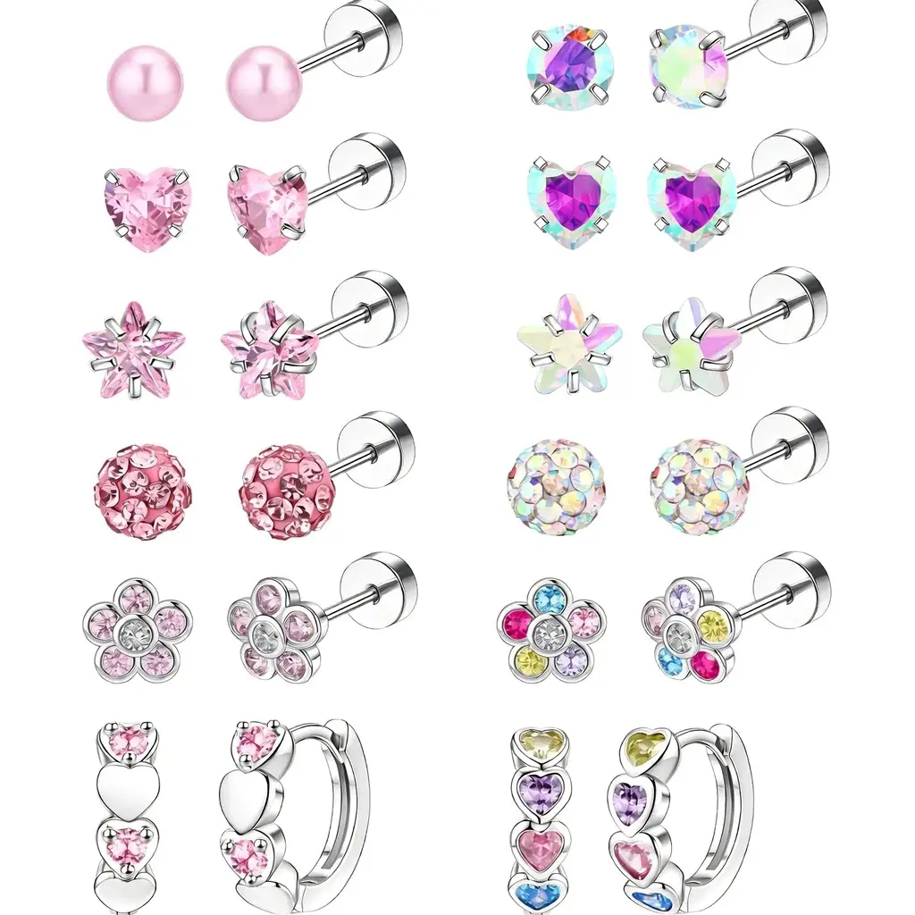 Flat Back Earrings Set - 10/12 Pairs Hypoallergenic 20g (0.8mm) 10mm Inner Diameter Stainless Steel Screw Back Studs for Sensitive Ears, Adorable Youth Women Jewelry Gift, Baby Showers, Birthday, Butterfly, Casual, Children, Choking Hazard Small Parts, Ch