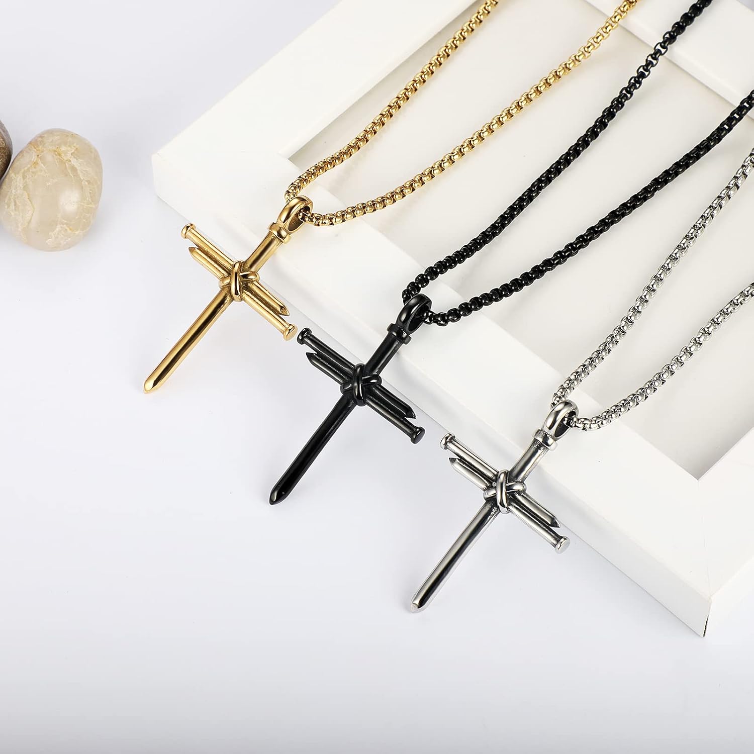 Men's Stylish Nail Cross Necklace Stainless Steel 24in Chain 3 Nails Jesus Pendant Christian Gift for Dad/Boyfriend/Husband Baptism Birthday Anniversary Gift Black/Silver/Gold