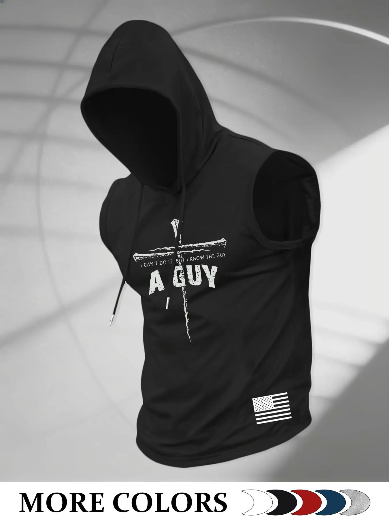 Men Drawstring Hooded Sleeveless Workout Tank Top Vintage Distressed Cross I Can't Do It But I Know The Guy Mini USA Flag Patriotic Christian Graphic Breathable Faith Streetwear Athletic Singlet Multiple Colors