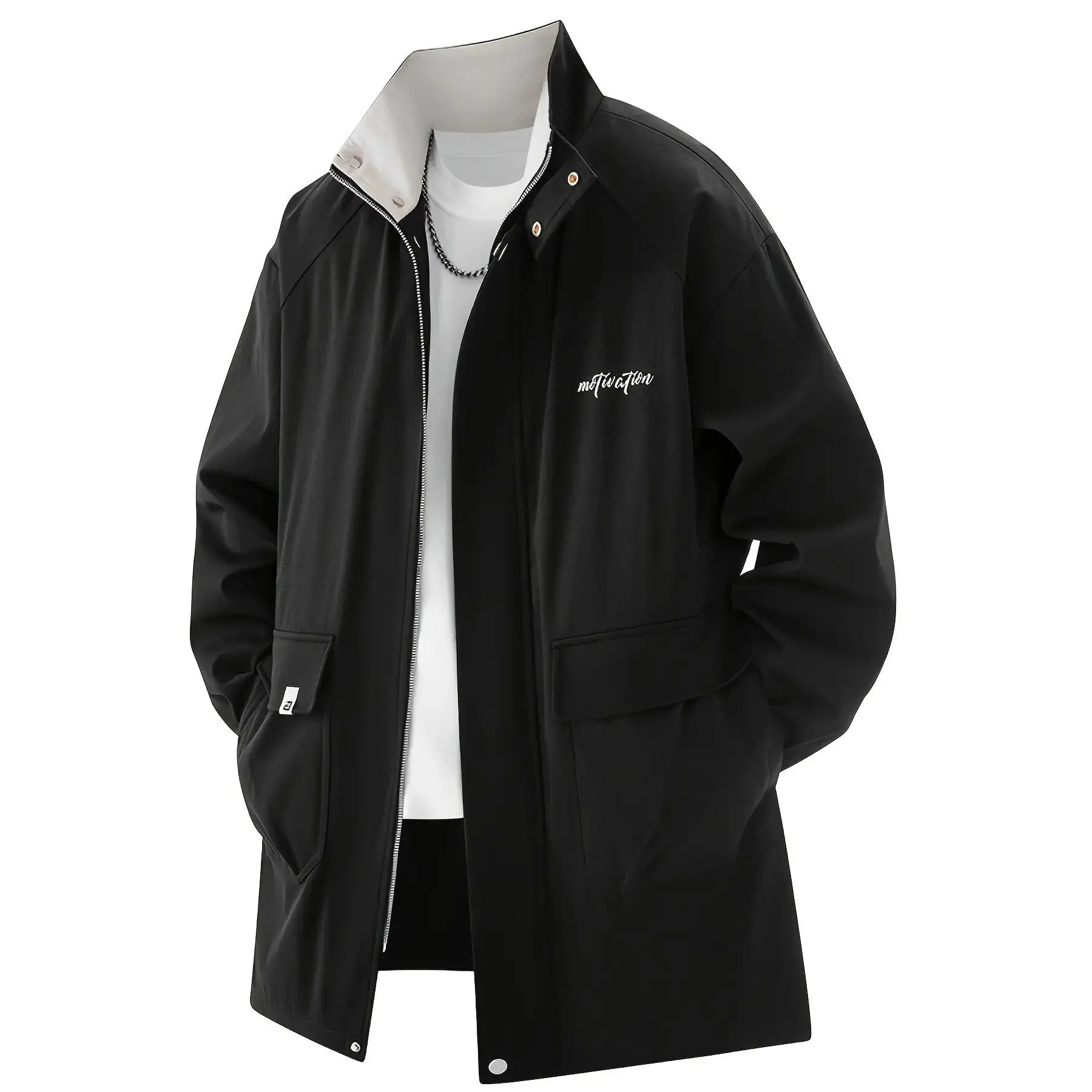 Men’s plus-size mid-length trench jacket with hood, stylish casual solid color, versatile for everyday wear in spring and autumn, outdoor camping, and dates