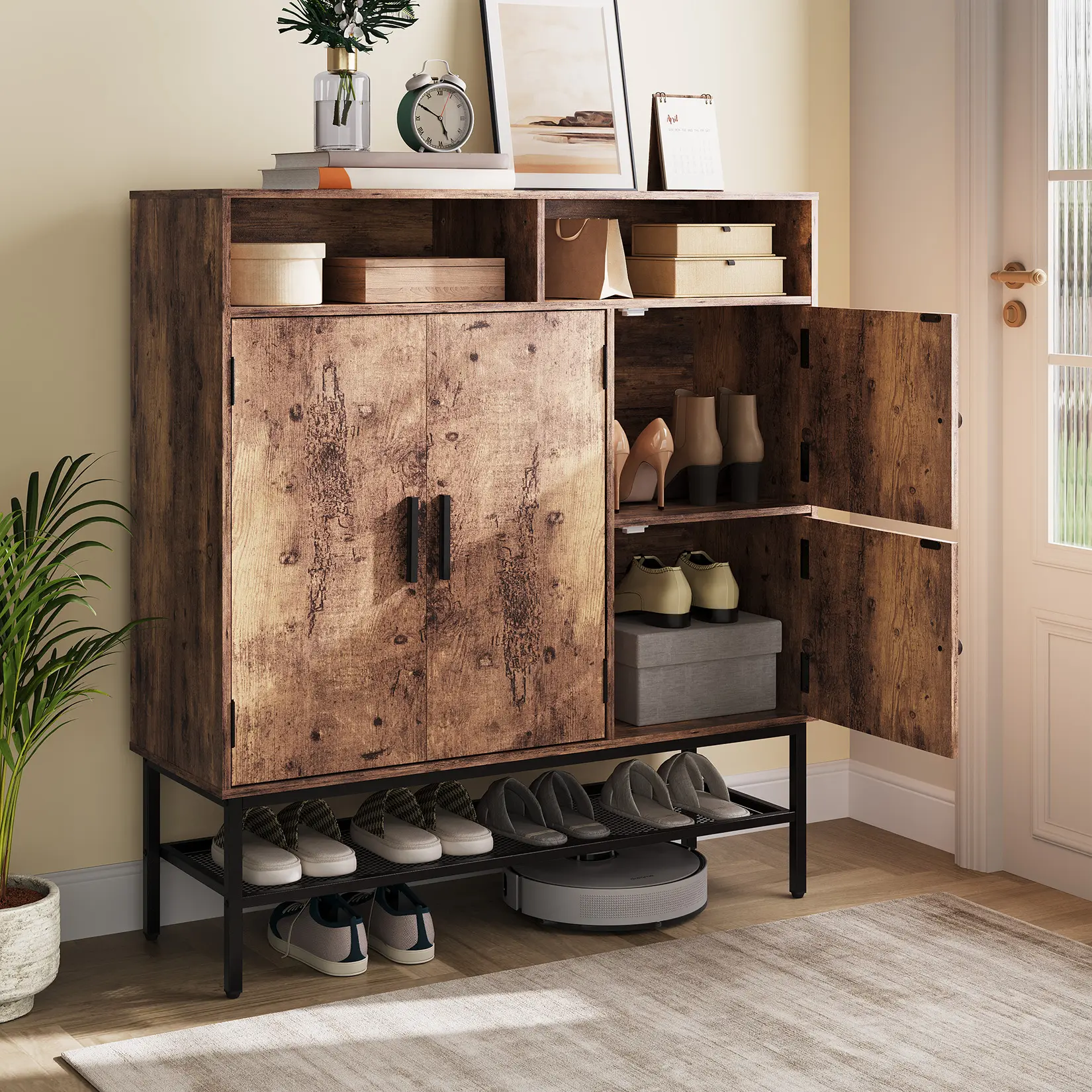 Modern Wood Buffet Table - Sideboard Storage Cabinet with Cupboard, Shelves, Barn Doors - Freestanding Shoe Storage Organizer for Hallway, Front Door Entrance