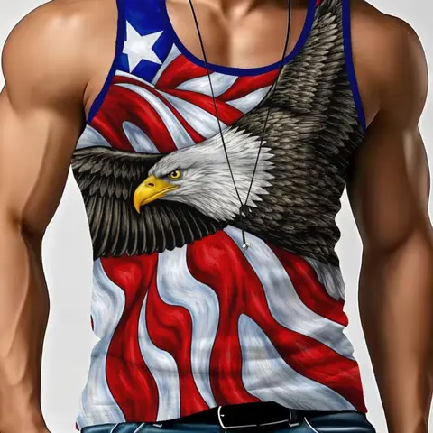 Men's Latest Style Vest, Graphic Sleeveless, American Street Fashion Print, Eagle Pattern Basketball Vest, Usa Flag Design, Breathable, Comfortable, Summer Wear