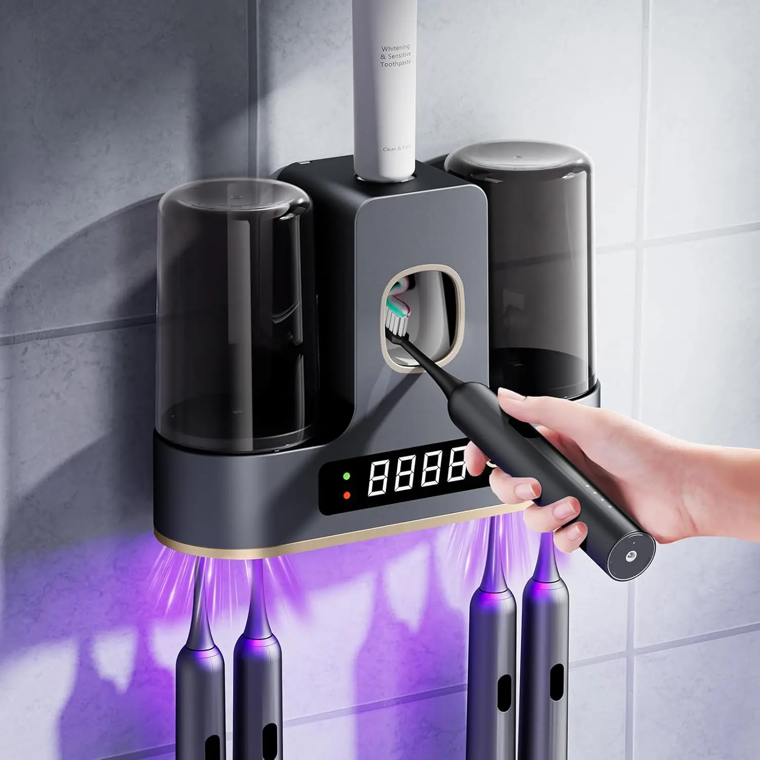 Toothbrush Holders for Bathrooms with Air-Drying, Toothbrush Sanitizer Holder with Countdown LED Screen, 2 Cups Electric Toothbrush Holders Wall Mounted with Toothpaste Dispenser