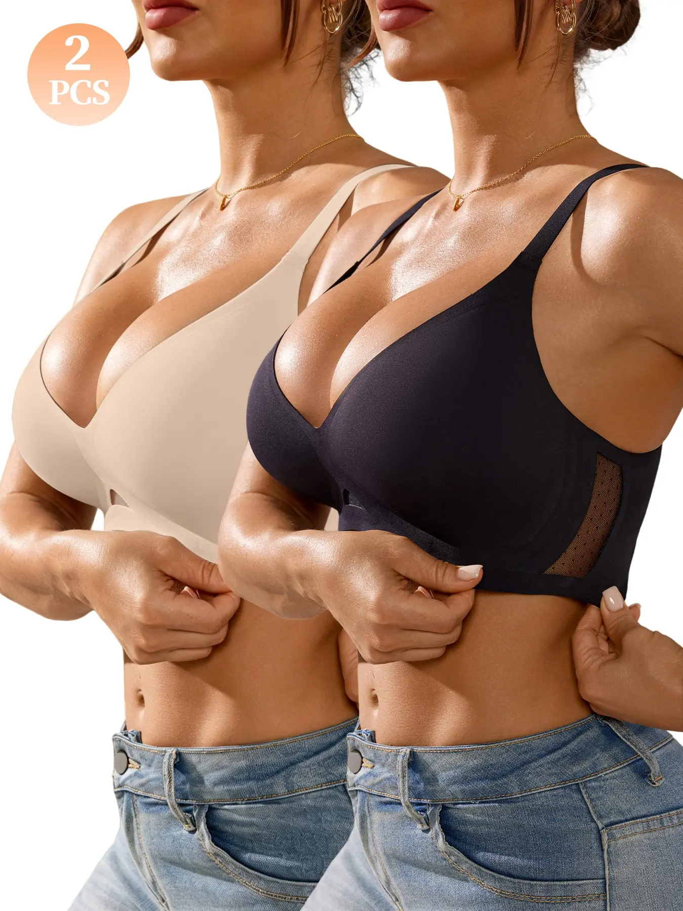 Jelly Wireless Women's Comfortable Fit Medium Lace Bras, Push Up Bralettes, Seamless Tshirt Bras, Deep V Everyday Bras, 1/2pcs