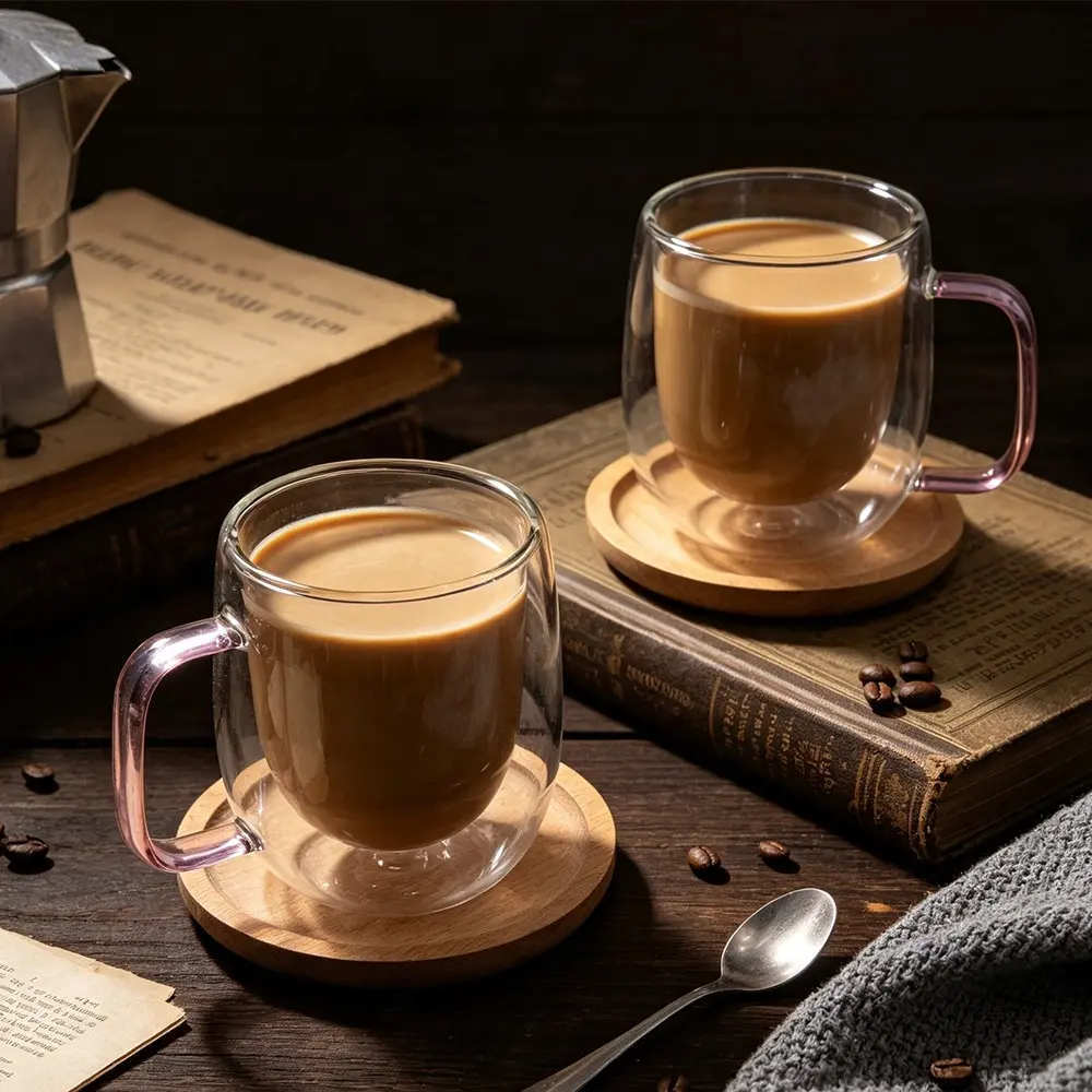 2 Counts Dual Layer Glass Coffee Cups with Handle, 250ML Reusable High-Quality Insulated Drink Containers, Ideal for Home and Office Use