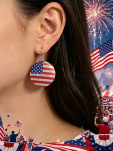 【Fashionable American Independence Day Flag Earrings, Sparkly Texture, Patriotic Round Dangle Earrings for July 4th Celebrations】