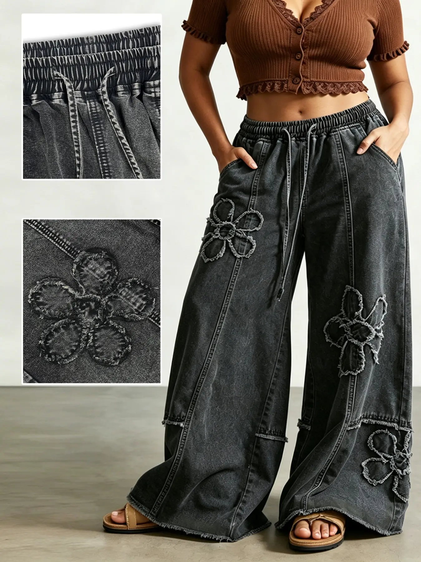 Plus Size Women's Denim Jeans, Patchwork Embroidery Long Pants, Trendy Baggy Wide Leg, Everyday Casual Streetwear, All Seasons Wear
