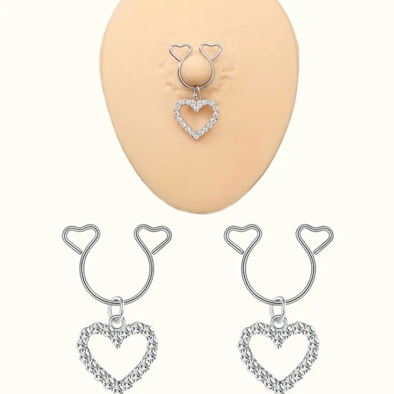 Non-Piercing Nipple Rings with Dangling Charms, Adjustable Heart Stainless Steel Fake Nipple Jewelry, Comfortable Faux Piercing Jewelry Adjustable Fit
