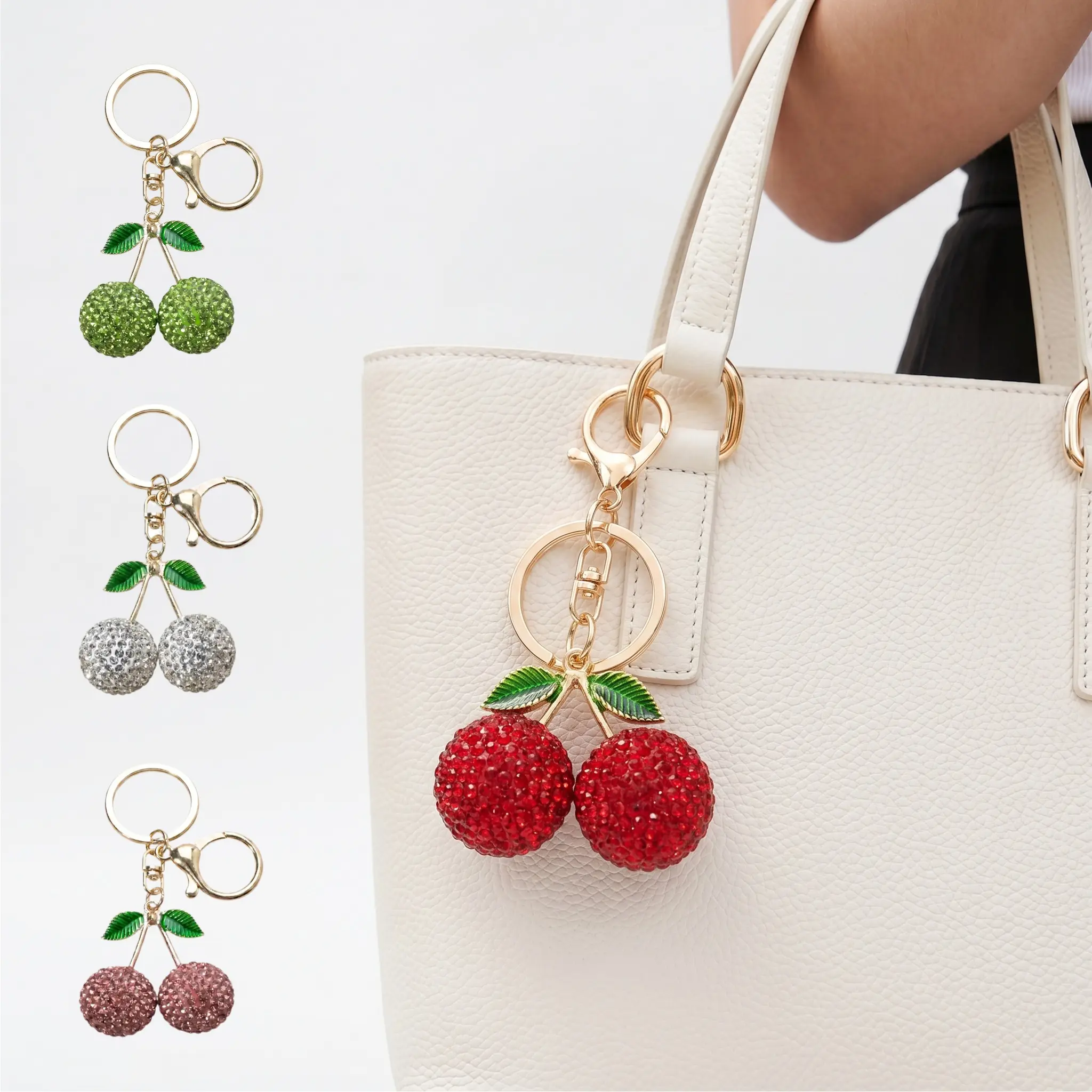 Vivid Rhinestone Cherry Bag Charm Dual Clasp Keychain Sparkly Fruit Accessory For Teen Girls Women Car Key Handbag Decoration Present-YY0