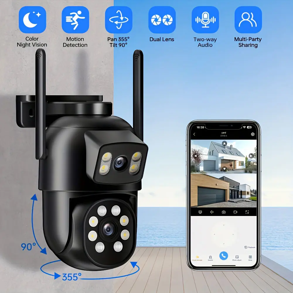 [Outdoor Security Camera] Wireless Smart Outdoor Dual Lens Security Camera, PTZ 355 °   View Surveillance System, AI Human Detection Camera, Color Night Vision, 2.4g Wifi, Auto Tracking, Mobile App