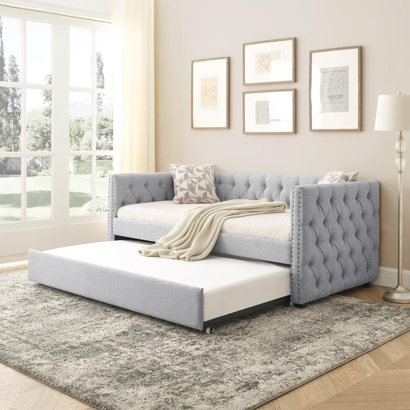 Daybed with Trundle Upholstered Tufted Sofa Bed, with Button and Copper Nail on Square Arms,both Twin Size, Beige(85"x42.5"x31.5")