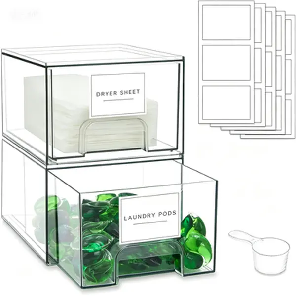 Clear Stackable Laundry Organizer Drawers with Labels, 2 Pack Dryer Sheet Holder and Pod Containers, Detergent Dispenser for Laundry Room Organizing, Clear Stackable Storage for Laundry Room Decor