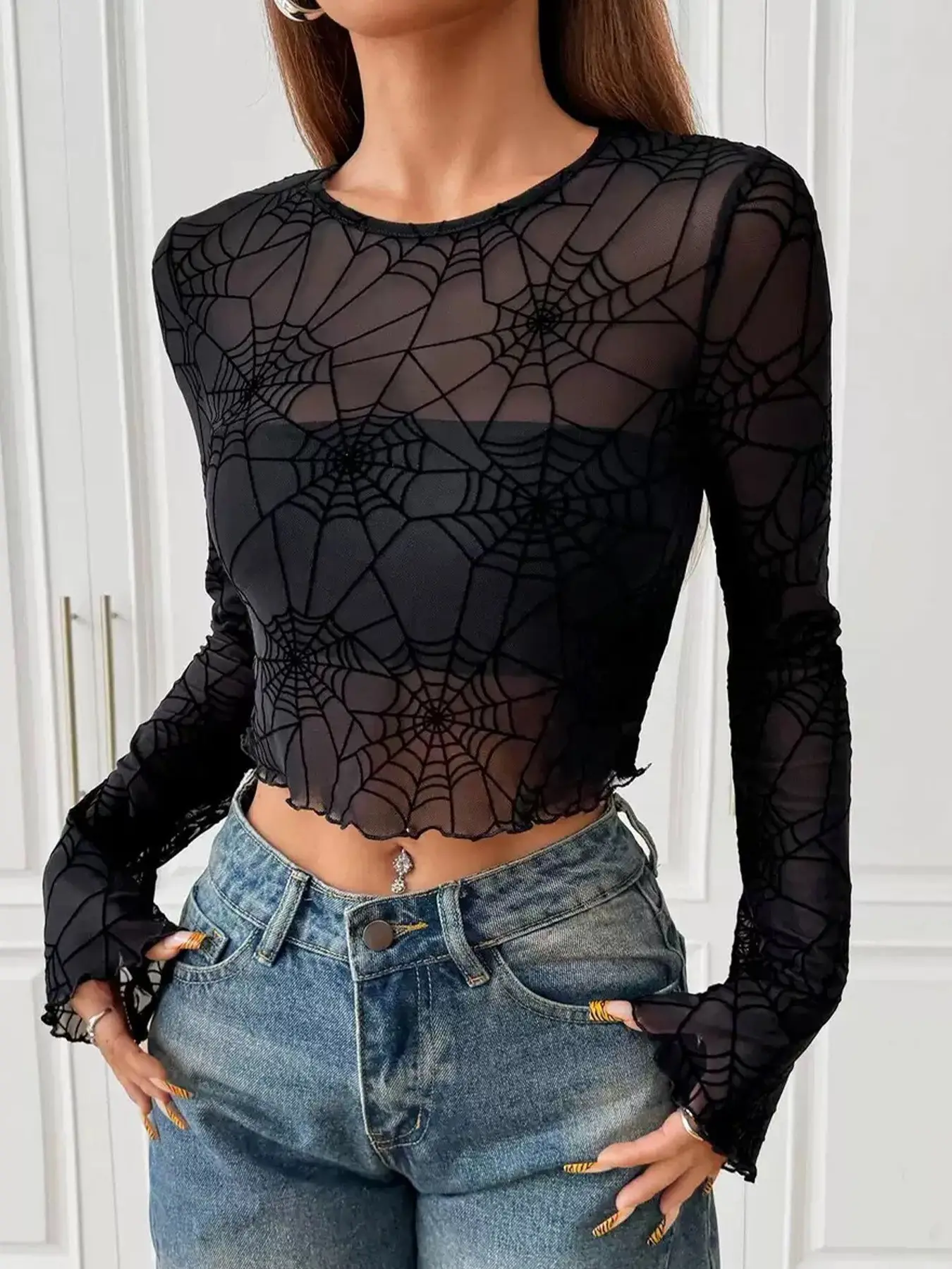 Women's Gothic Spider Web Mesh T-Shirt, Long Sleeve Ruffled Lace Top, Round Neck, Net Fabric, Halloween Party, Casual Wear