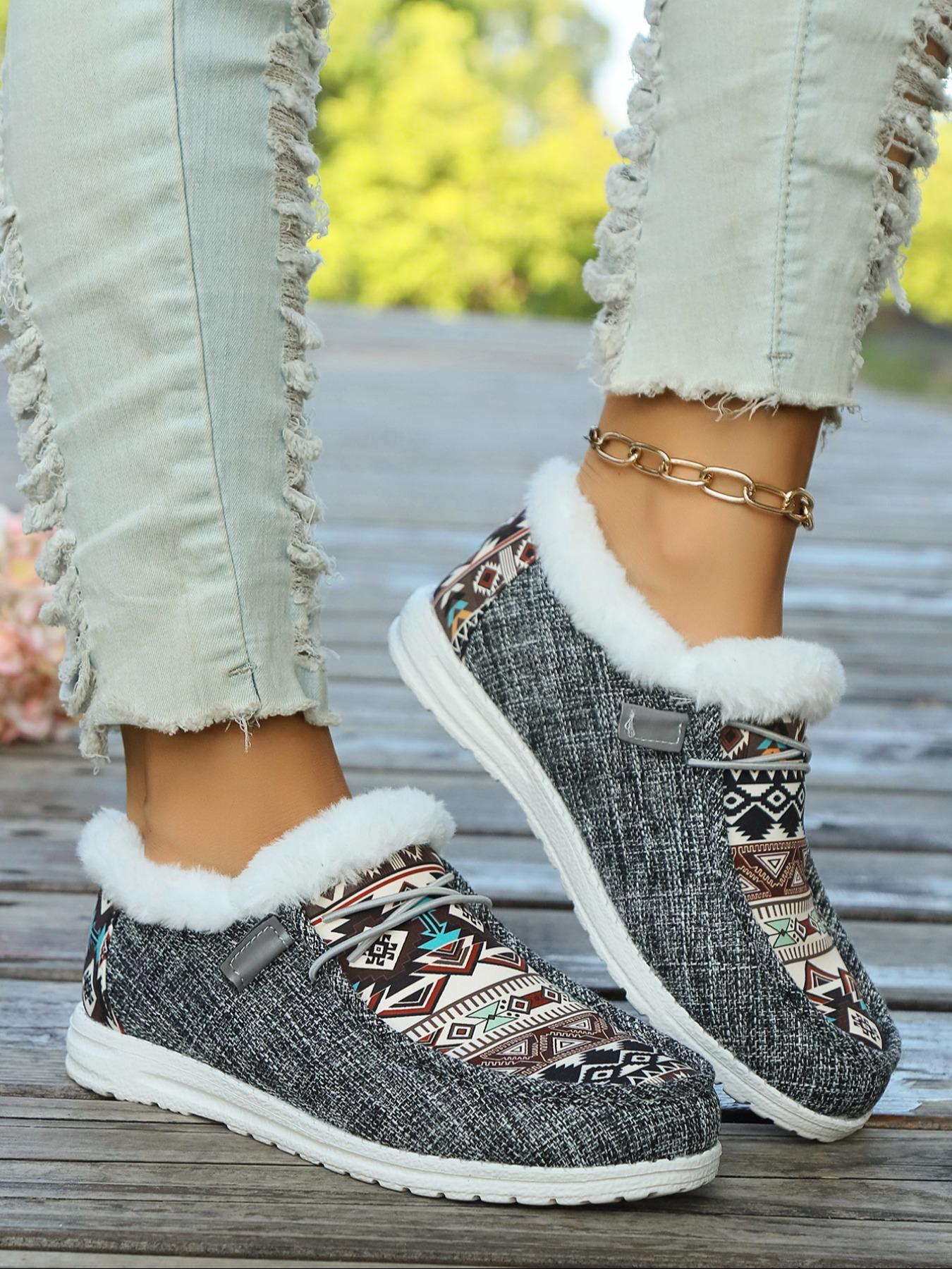 Women's Lace Up Low Top Colorblock Ethnic Pattern Sneakers, Casual Warm Sports Shoes for Winter, Female All-match Round Toe Shoes for Daily Wear