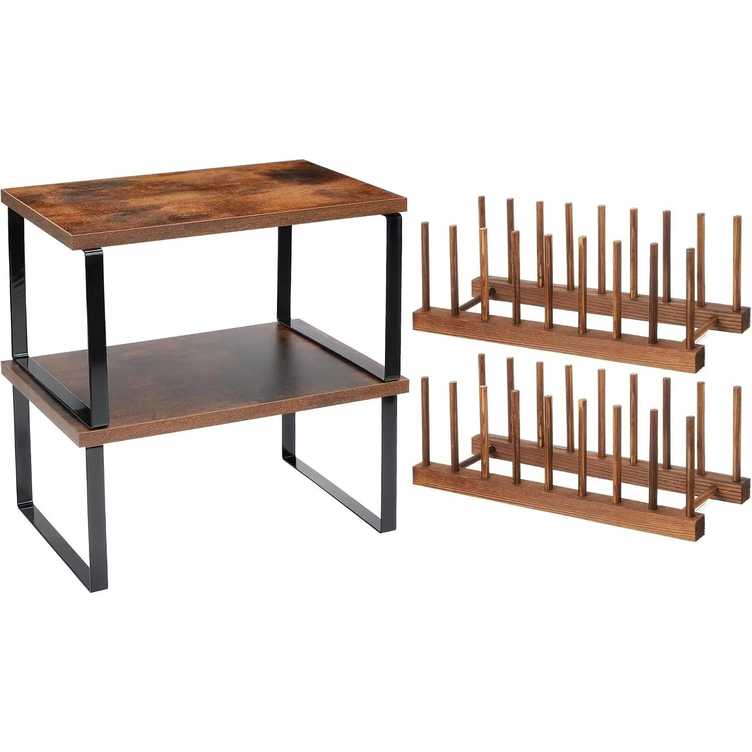 4-Piece Deep Color Bamboo Wood Kitchen Organizer Set - Cabinet Shelf, Dish Drying Rack, Storage Holder for Spices, Dishes (Room Organization Tool, Photo-Worthy Home Gift)