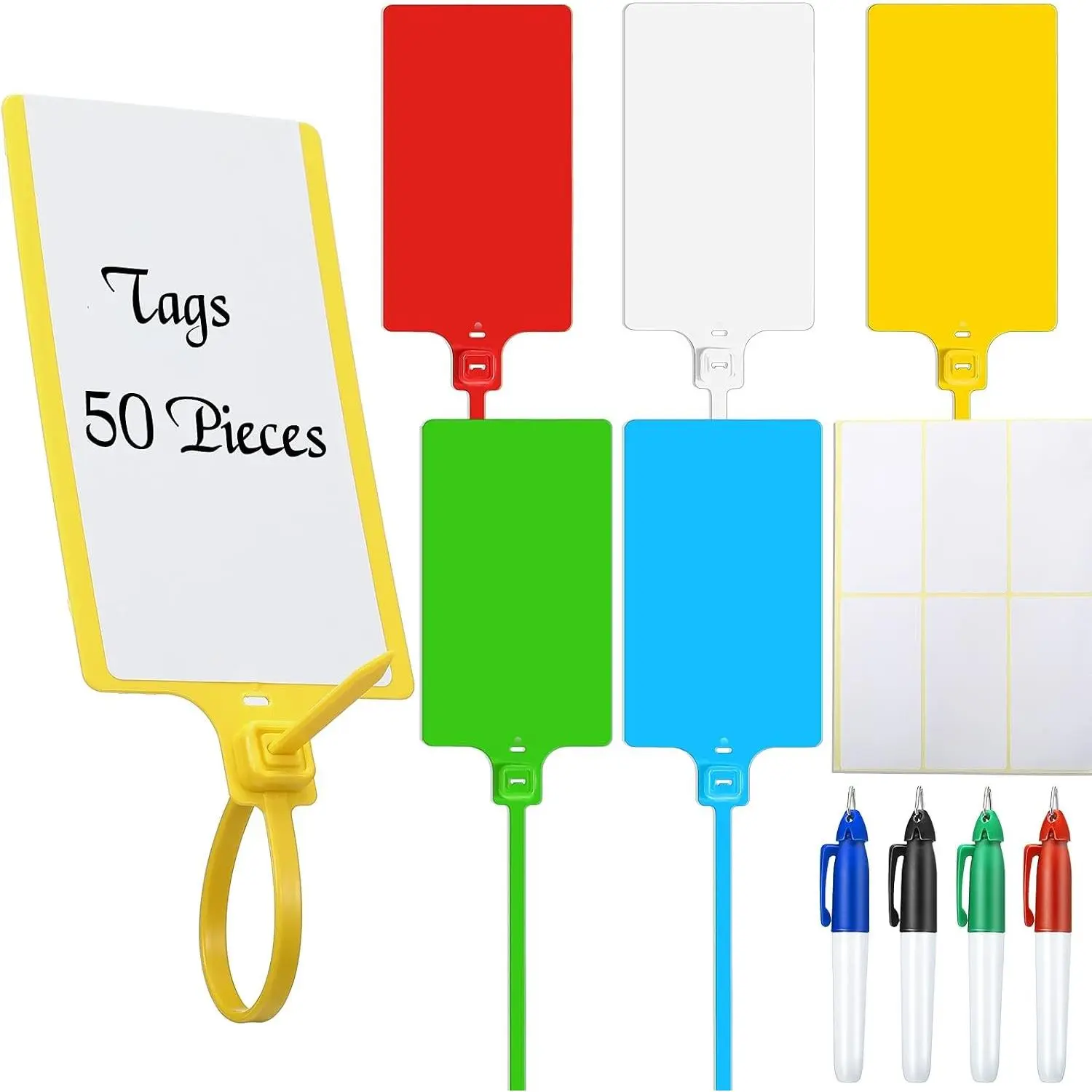 50 Pack Waterproof Plastic Luggage Tags with Marker Pens, Sticker Labels, and Wire Cable Ties – Self-Locking Writable Tags, Multi Colors