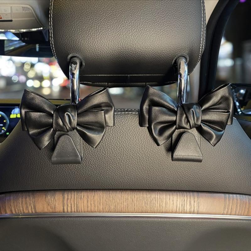 Cute Bowknot Car Seat Back Hooks 2Pcs, Premium Leather Dual Capacity Car Storage Hooks, Easy Install Interior Car Accessories Must Have,Cute Car Accessories for Women