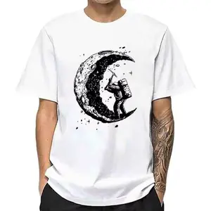 Single Side Print White Astronaut On Moon T-Shirt Sketch Style Space Graphic Tee Casual Short Sleeve Shirt for Sci-Fi Fans Men Women