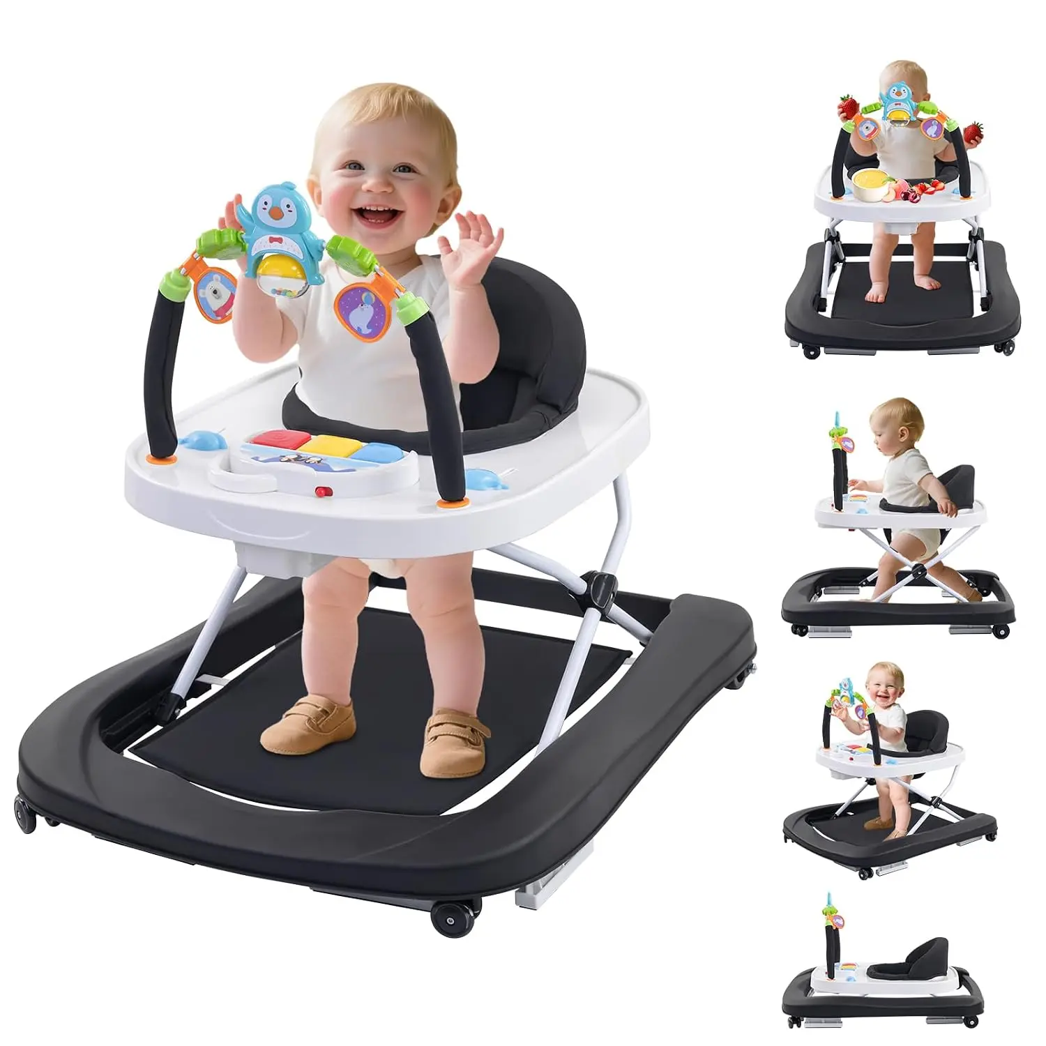 Baby Walker, Music & Removable Footrest with Toys, 3-Height Adjustable, Foldable 4-in-1 Activity Center for Infant and Toddler, Baby Walker for Baby Boy Girls 7–18 Months
