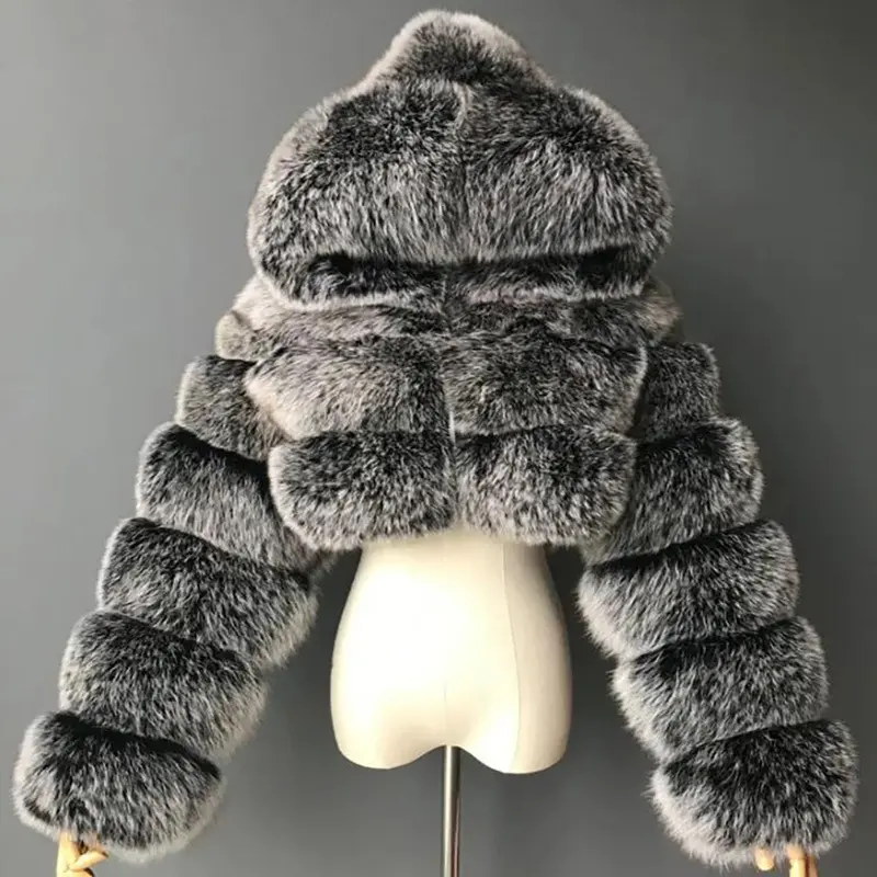 Hooded Faux Fox Fur Cropped Coat Women Segmented Plush Long Sleeve Winter Short Fur Jacket