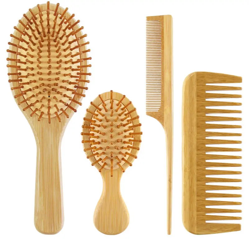 Natural Bamboo Hair Brush Set 4 in 1, Eco Friendly Detangling Comb Kit, Scalp Massage Paddle Brushes, Salon & Home Hair Styling Tools