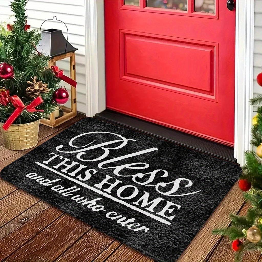 "Bless This Home & All Who Enter" Non-Slip Door Mat - Machine-Washable Indoor/Outdoor Mat with PVC Backing, Black & White Holiday Design for Entryway, Living Room, Bedroom, Kitchen, Entryway Decor, Elegant Script Style, Durable Floor Covering