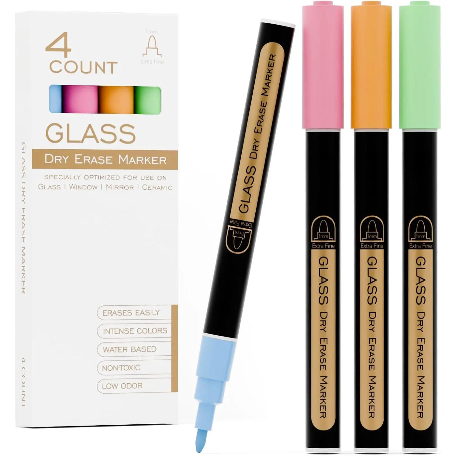 Dry Erase Markers for Glass Board, 4 Pack (-Neon) | 1mm Ultra-Fine Tip, Easy Wipe Off, No , Liquid Chalk, Whiteboard Compatible