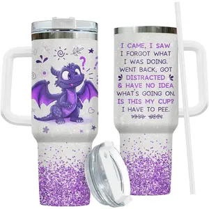 Funny Dragon 40oz Tumbler with Handle and Straw, I Came I Saw I Forgot Travel Coffee Mug, Stainless Steel Insulated Cup with Lid, Cute Water Bottle Birthday Gift for Women