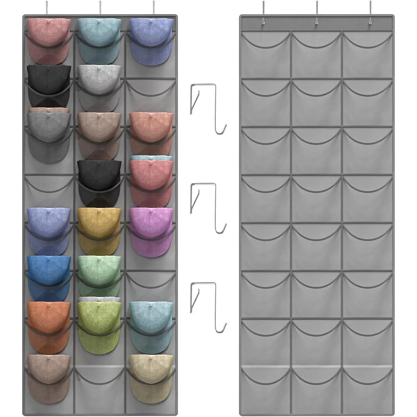 Grey Hat Organizer Racks for Baseball Caps, 24 Deeper Pockets Baseball Hat Rack, Cap Rack, Hat Rack for Door with 3 Hooks