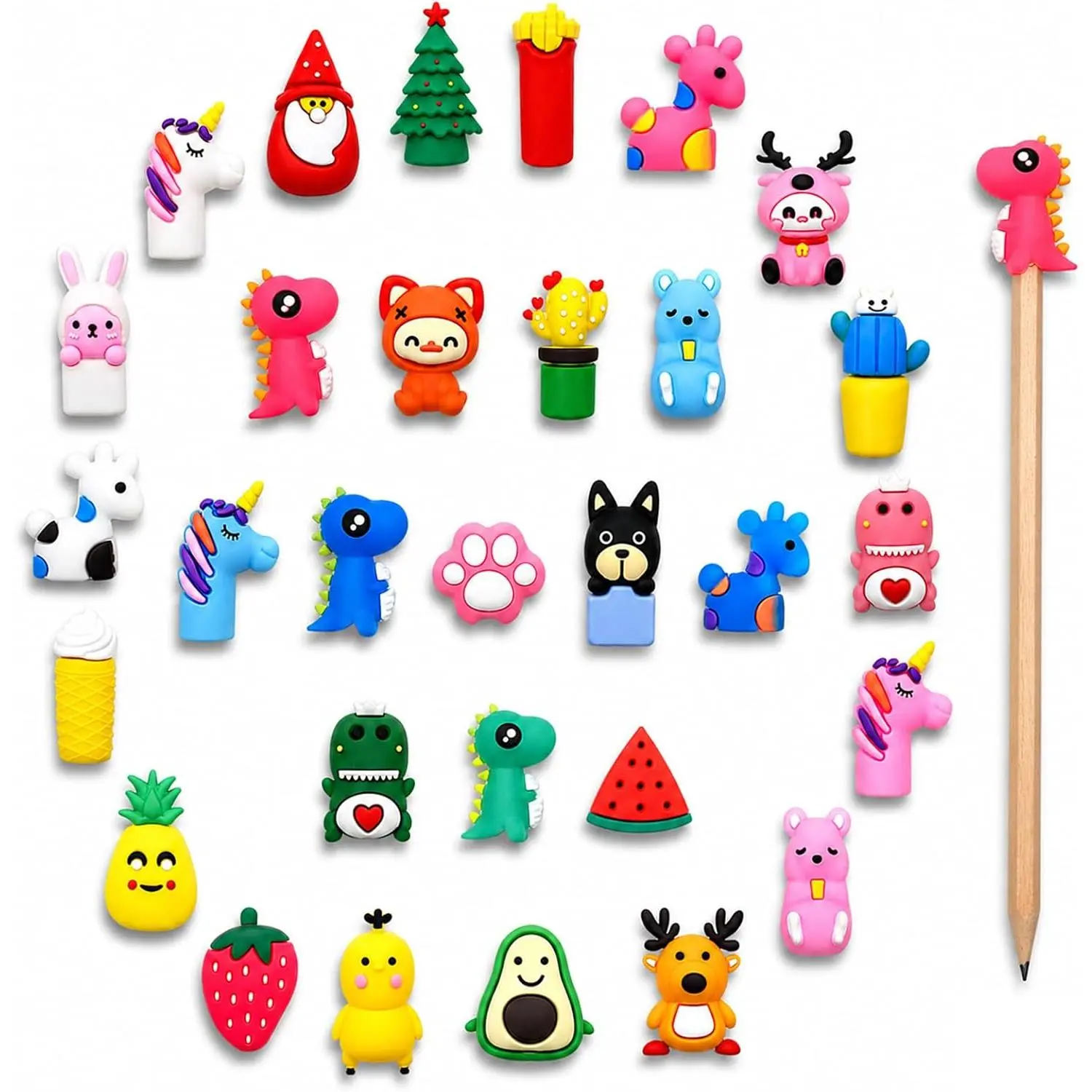 30 count Cute  Pencil Toppers, Colorful Pencil Eraser Caps Pen Charms | Protective Pencil Caps, Ideal for Decorating Pencils Pens, Birthday Christmas Holiday Gifts Stocking Stuffers Gifts