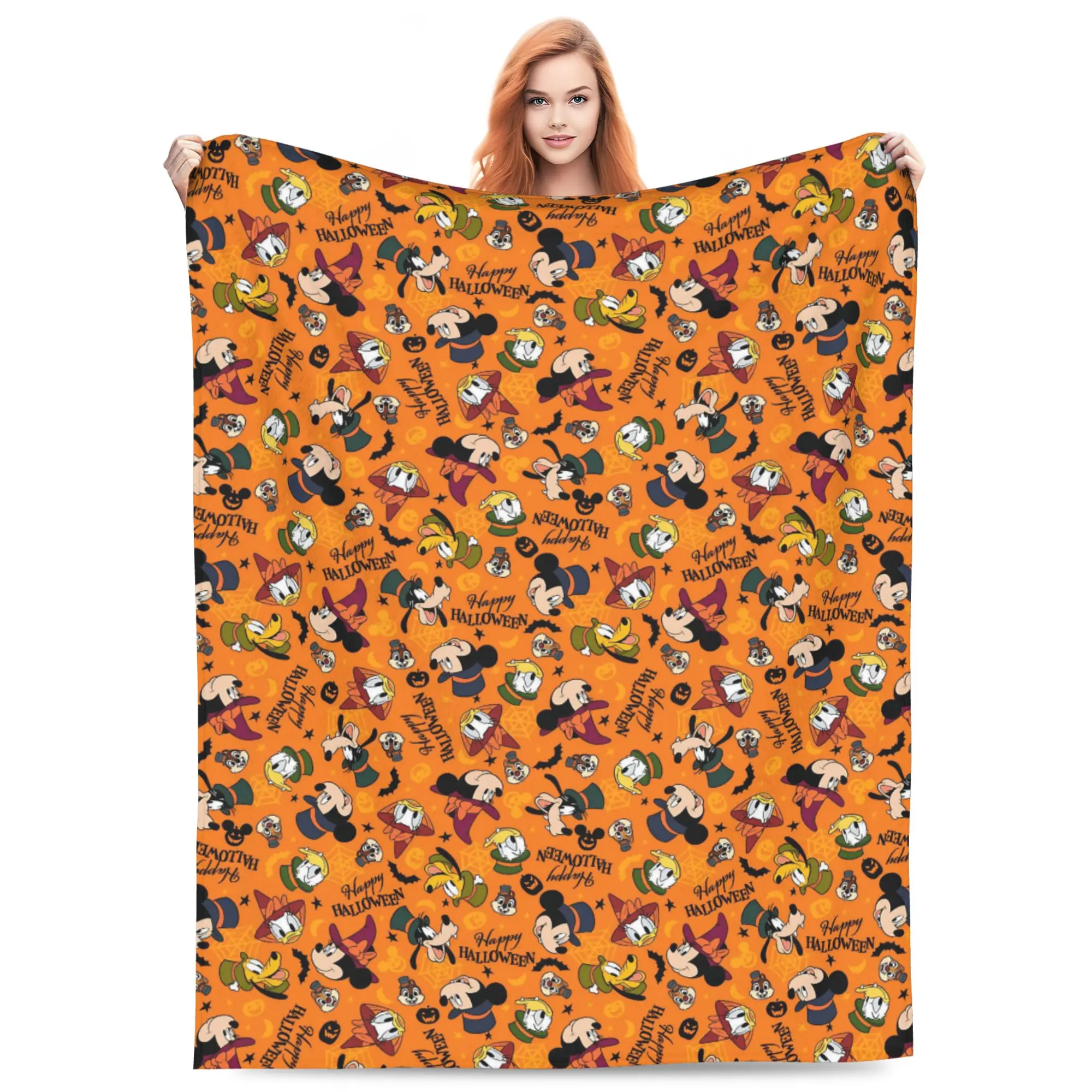 DISNEY CLASSIC Happy Halloween Mickey Friends Pattern Throw Blanket, Mickey Donald Goofy Witch Vampire Ghost Bat Pumpkin Orange Repeating Cartoon Print Flannel Fleece Blanket Soft Cozy Blanket for Sofa Bed Gift for Kids Disney Halloween Lovers