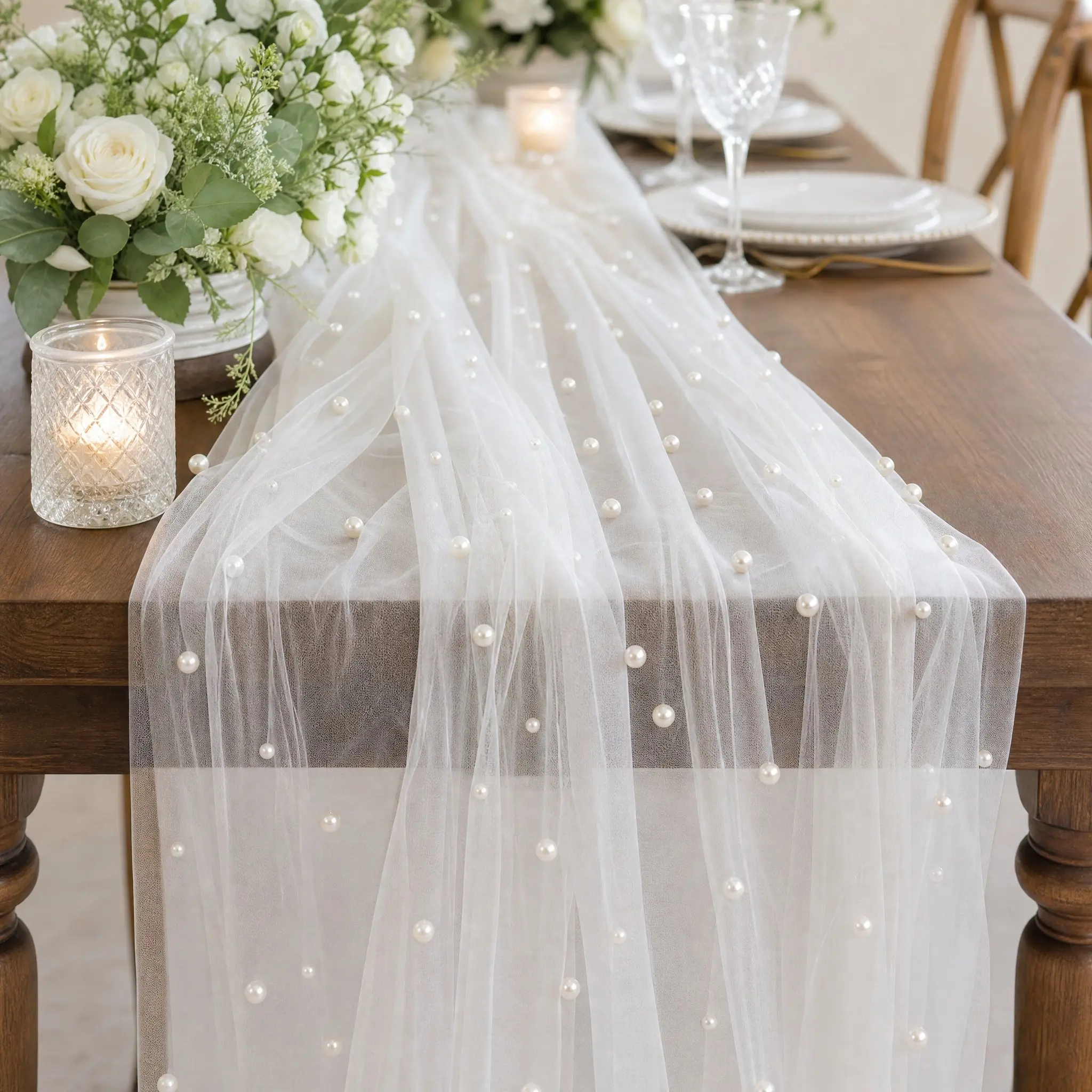 Elegant Pearl Mesh Table Runner, Soft Polyester Fabric, Multi-Size Options, Ideal for Home Decor, Business Dinners, Events, Gifts, Weddings, Holidays