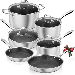 Triply Stainless Steel Cookware Set 10P, Nonstick Hybrid Pots and Pans Set,  Kitchen Cookware Set with  Interior, Pots and Pans Set Non Stick, Induction Compatible