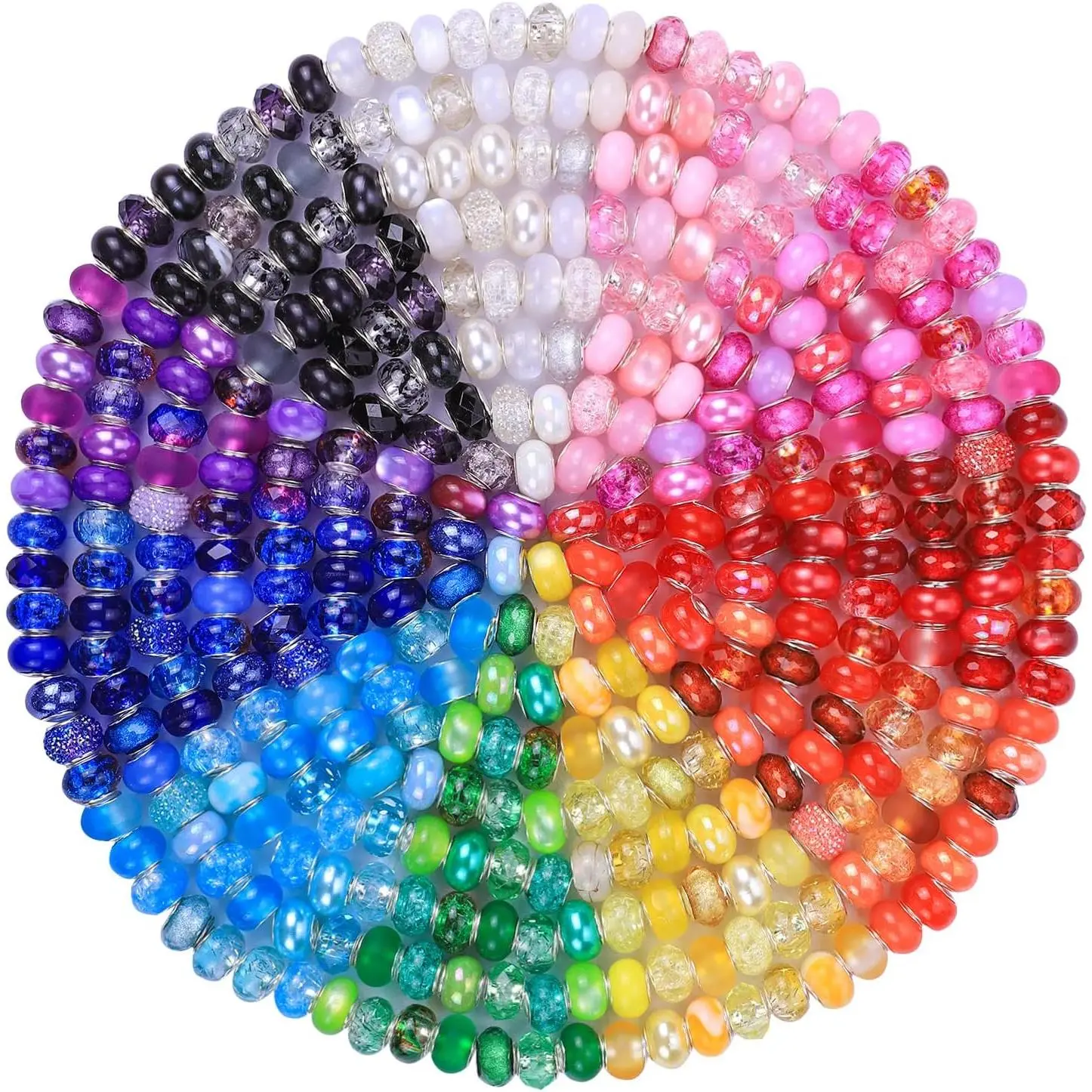 192 Pcs Large Hole European Beads,Craft Supplies Kit, Assorted Mixed Color Lampwork Spacer Beads for DIY Bracelet Jewelry Making
