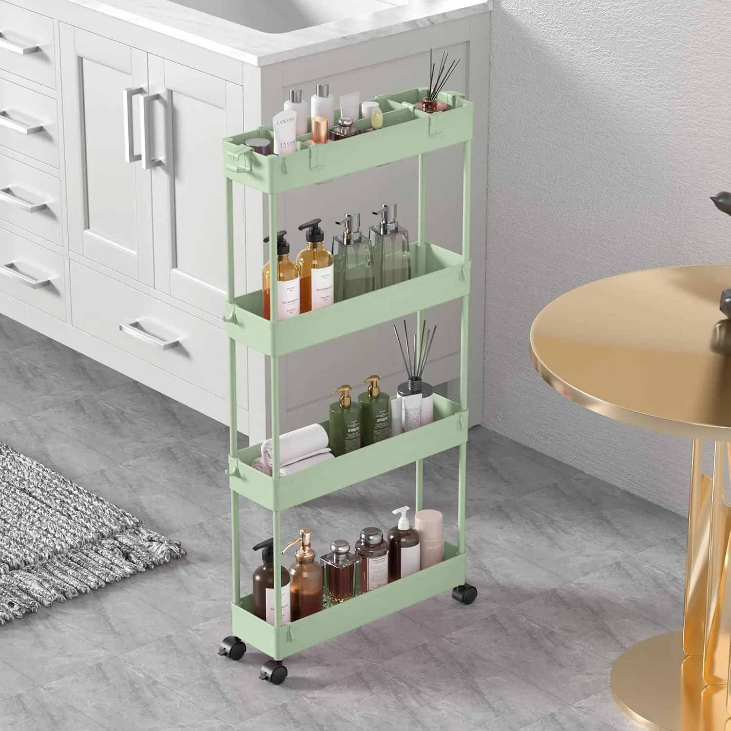 4-Tier Slim Plastic Rolling Storage Cart - Space-Saving Slide-Out Mobile Utility Racks, Universal Home Organizer for Bathroom Sink, Narrow Spaces, Shoe Organization