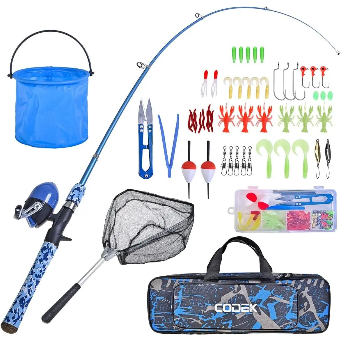 Fishing Pole Set with Full Starter Kits 2 Set Portable Telescopic Fishing Rod and Spincast Reel Cambos with a Fishing Net and 2 Buckets for Boys Girls and Youth