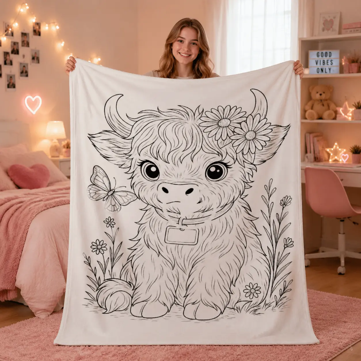 2D Flat Cute Highland Cow Daisy Butterfly Line Art Flannel Coloring Blanket, DIY Color Fill Soft Fleece Throw for Bedroom Decor, Perfect Birthday Holiday Gift for Kids Cow Lovers Friends Family Partners